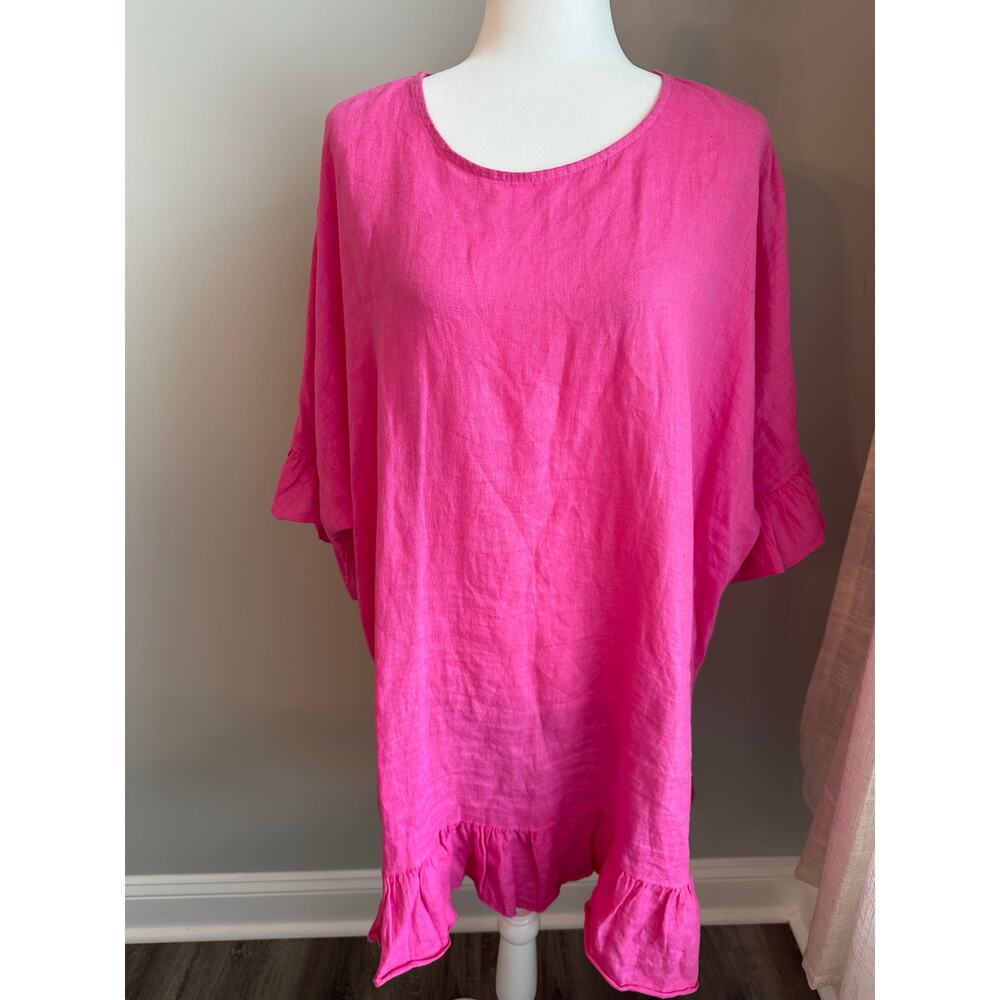 Piazza Del Tempio 100% Linen Top Tunic Dress Small Hot Pink Ruffle Sleeve Boho - Picture 2 of 11